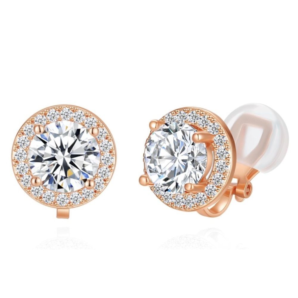Rose Gold with White Diamond AAA Cubic Zirconia Round Stud Clip On Earrings